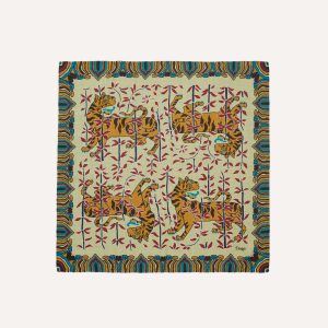 Ecru Tigers Print Wool-Silk Bandana