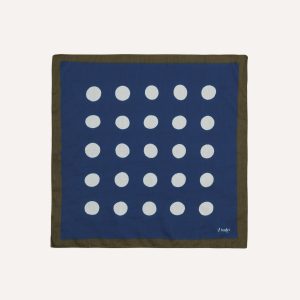 Olive. Navy and Ecru Large Spots Print Cotton-Silk Pocket Square