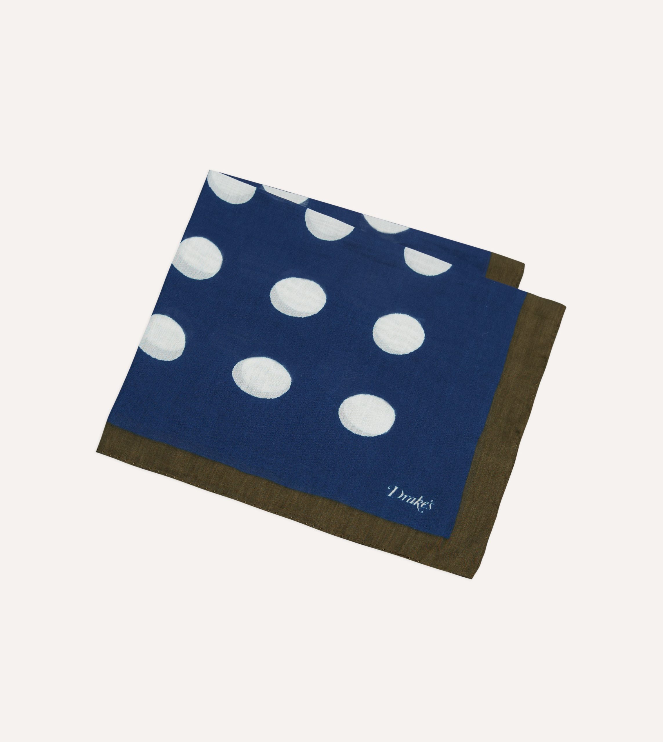 Olive. Navy and Ecru Large Spots Print Cotton-Silk Pocket Square - Image 4