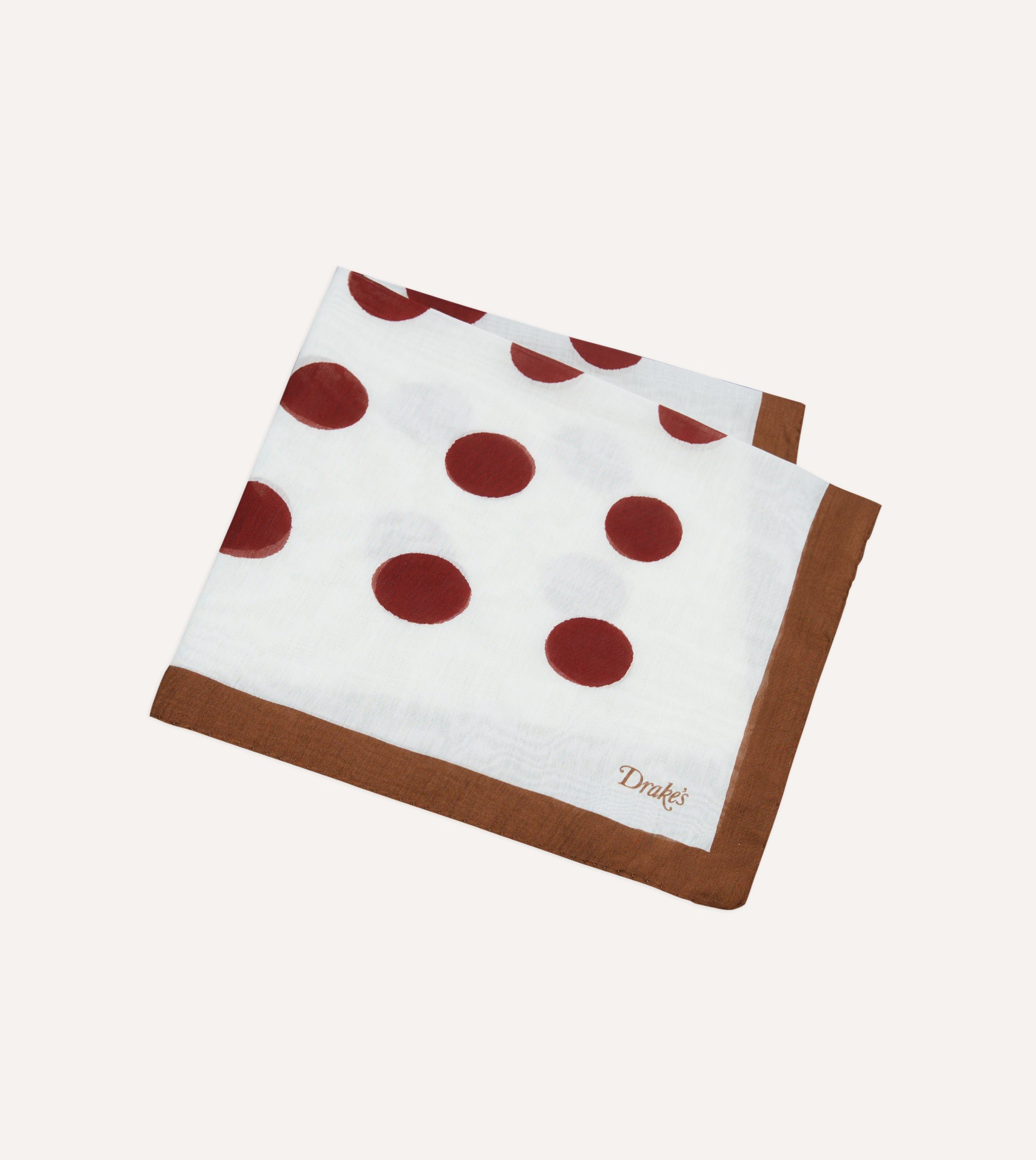 Brown. Ecru and Red Large Spots Print Cotton-Silk Pocket Square - Image 4