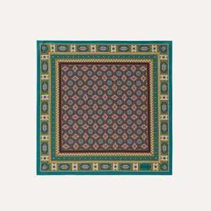 Green. Red and Gold Floral Medallion Print Silk Pocket Square