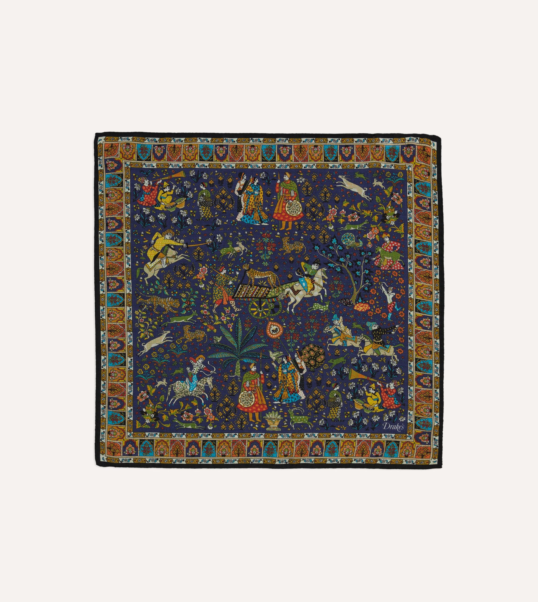 Navy Mughal Print Wool-Silk Pocket Square