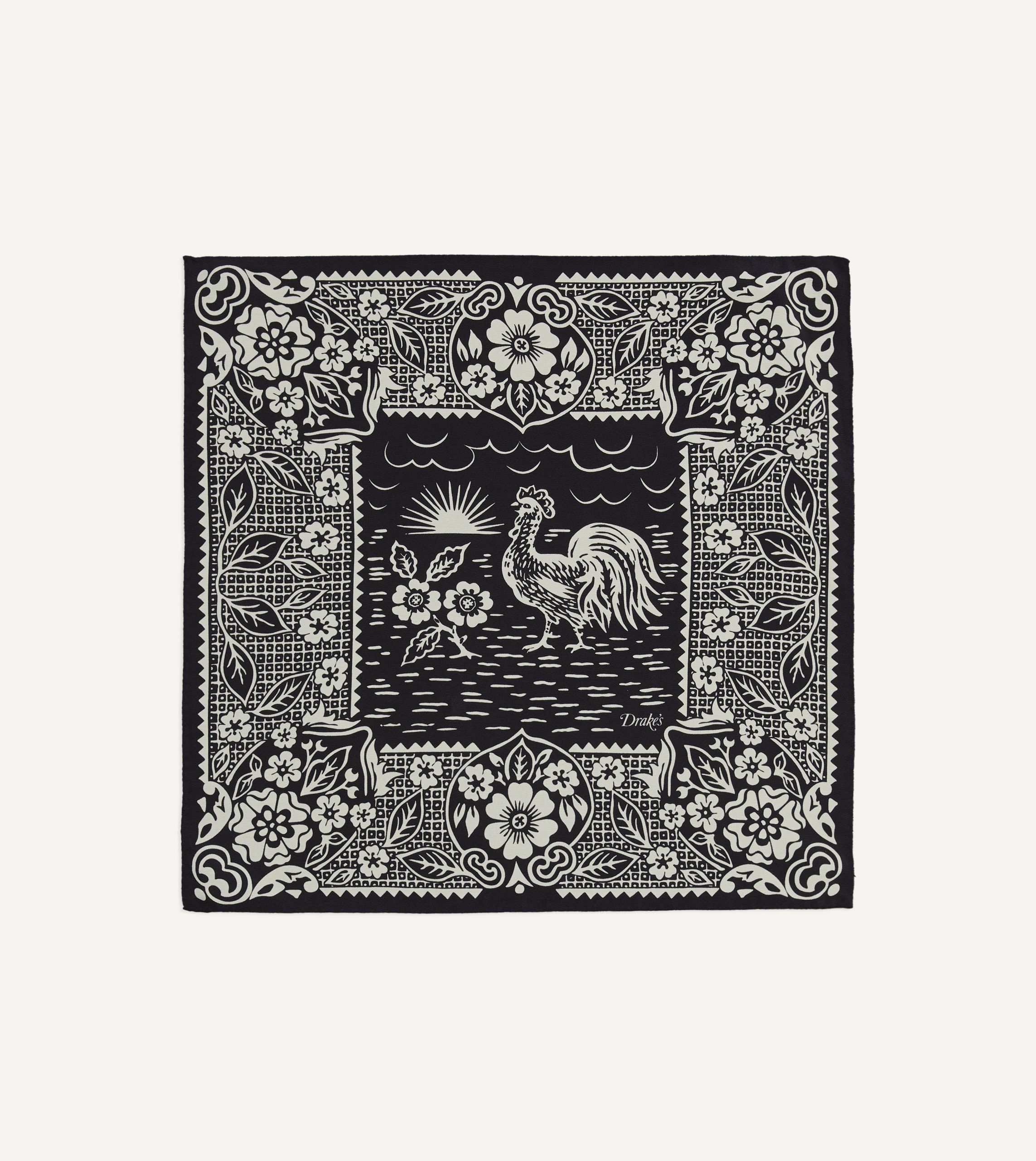 Navy Cockerel Print Silk Pocket Square
