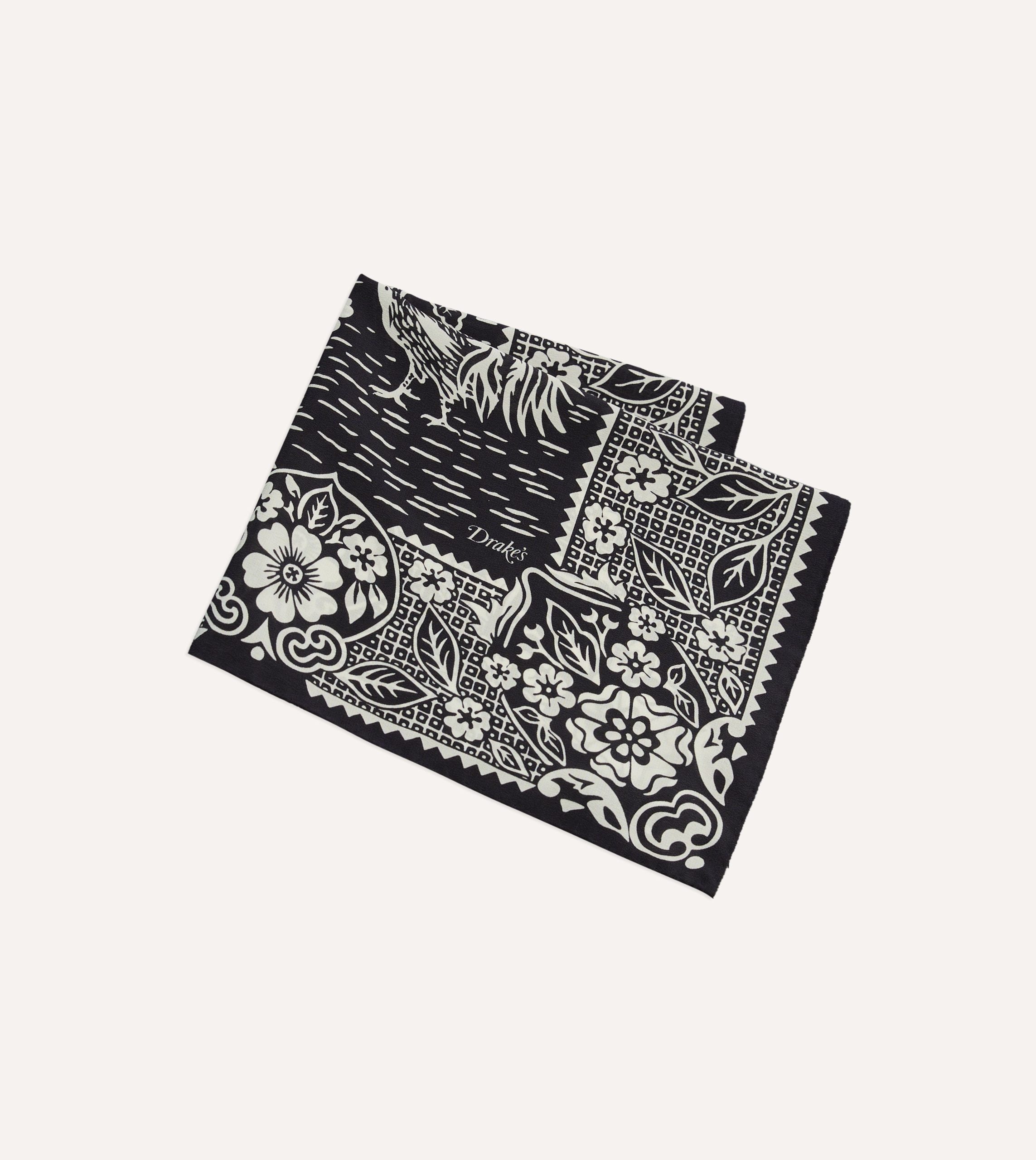 Navy Cockerel Print Silk Pocket Square - Image 3