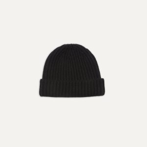 Black Cashmere Ribbed Knit Cap