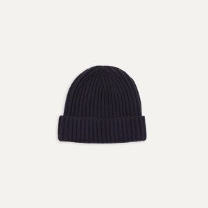 Navy Cashmere Ribbed Knit Cap