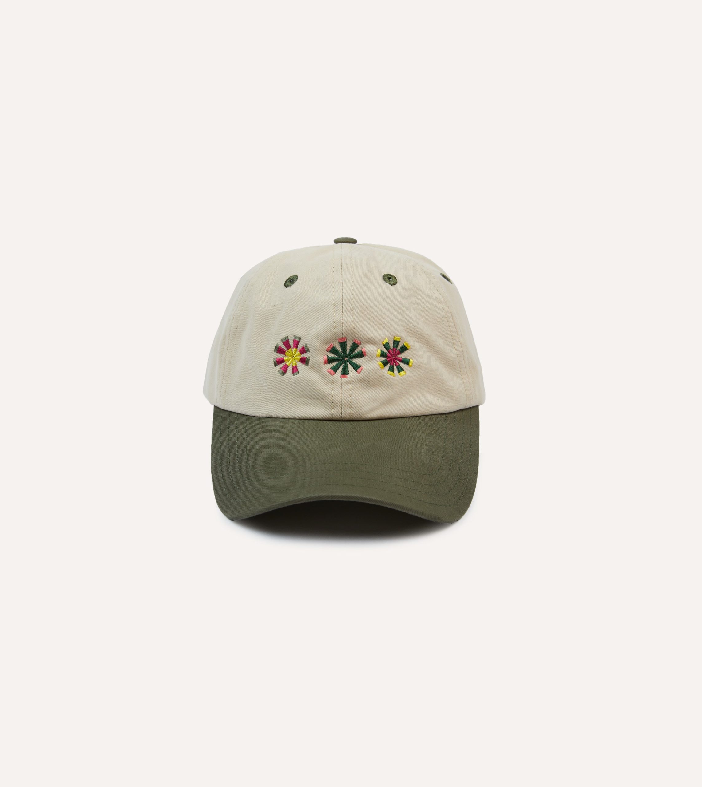 Ecru and Green Kantha Suns Emblem Cotton Baseball Cap
