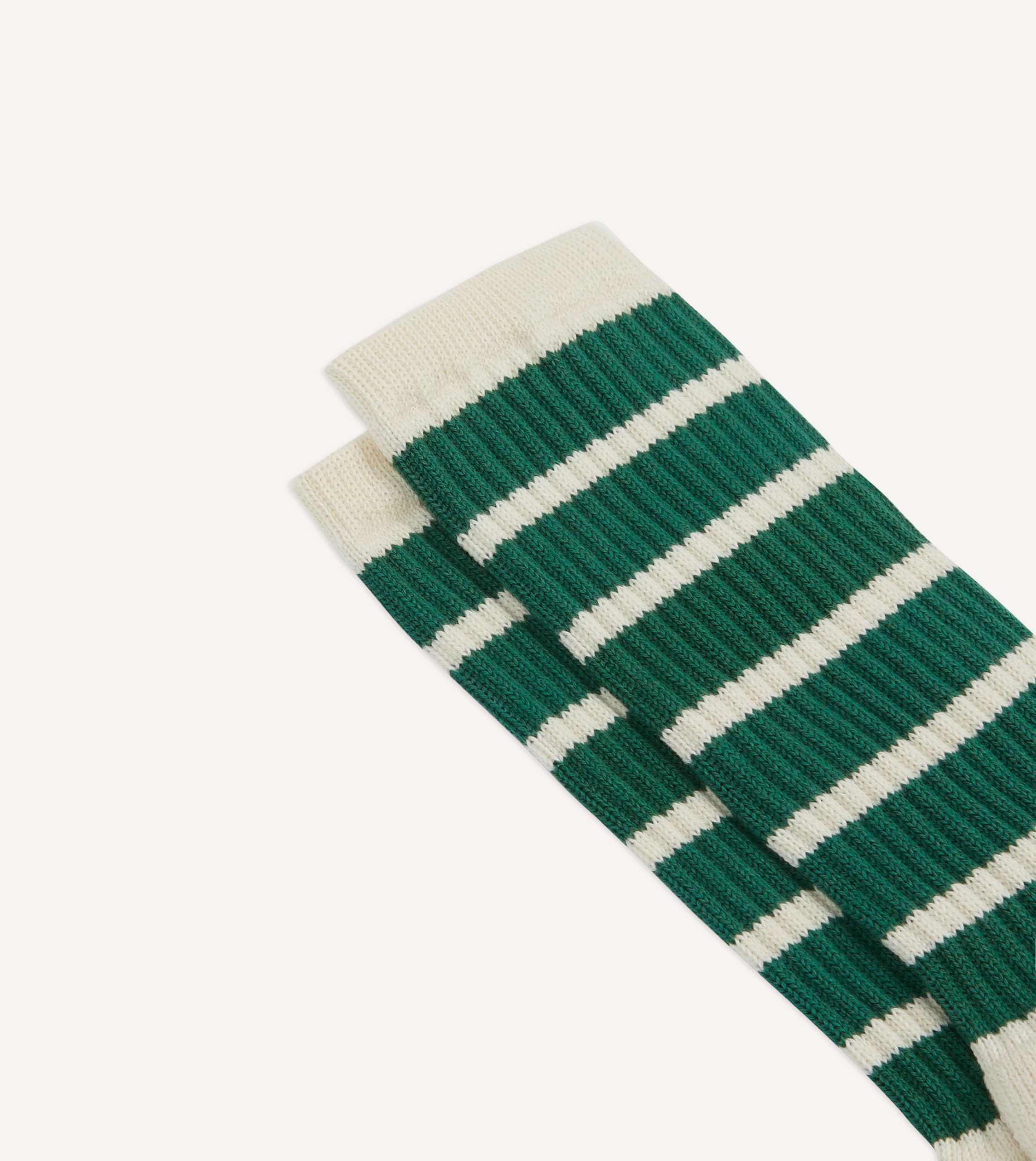 Ecru and Green 6 Stripe Cotton Sports Sock - Image 3