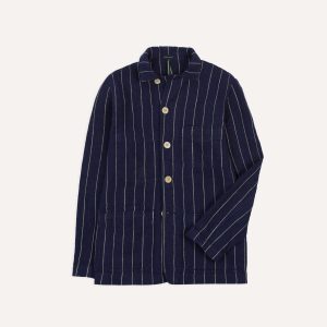 Navy Pinstripe Heavy Linen Five-Pocket Chore Jacket