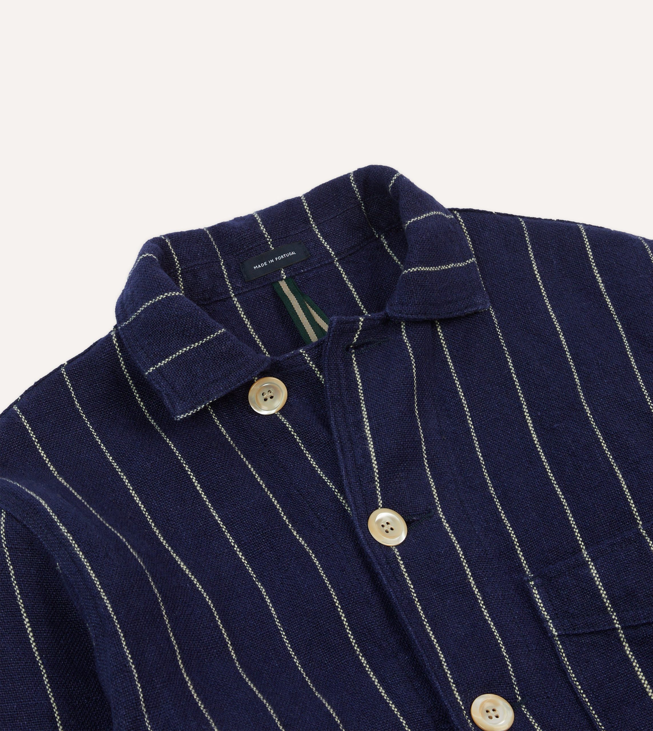 Navy Pinstripe Heavy Linen Five-Pocket Chore Jacket - Image 3