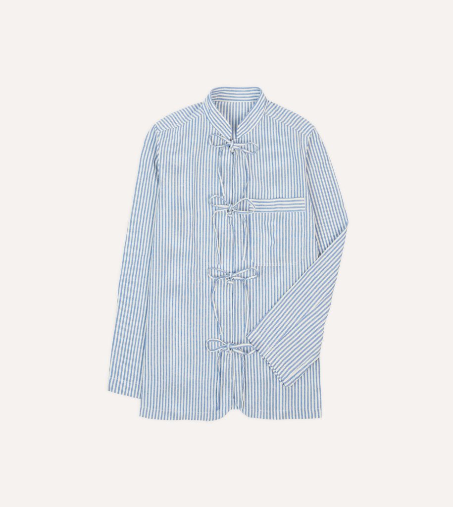Blue and Ecru Stripe Tie Front Lightweight Overshirt