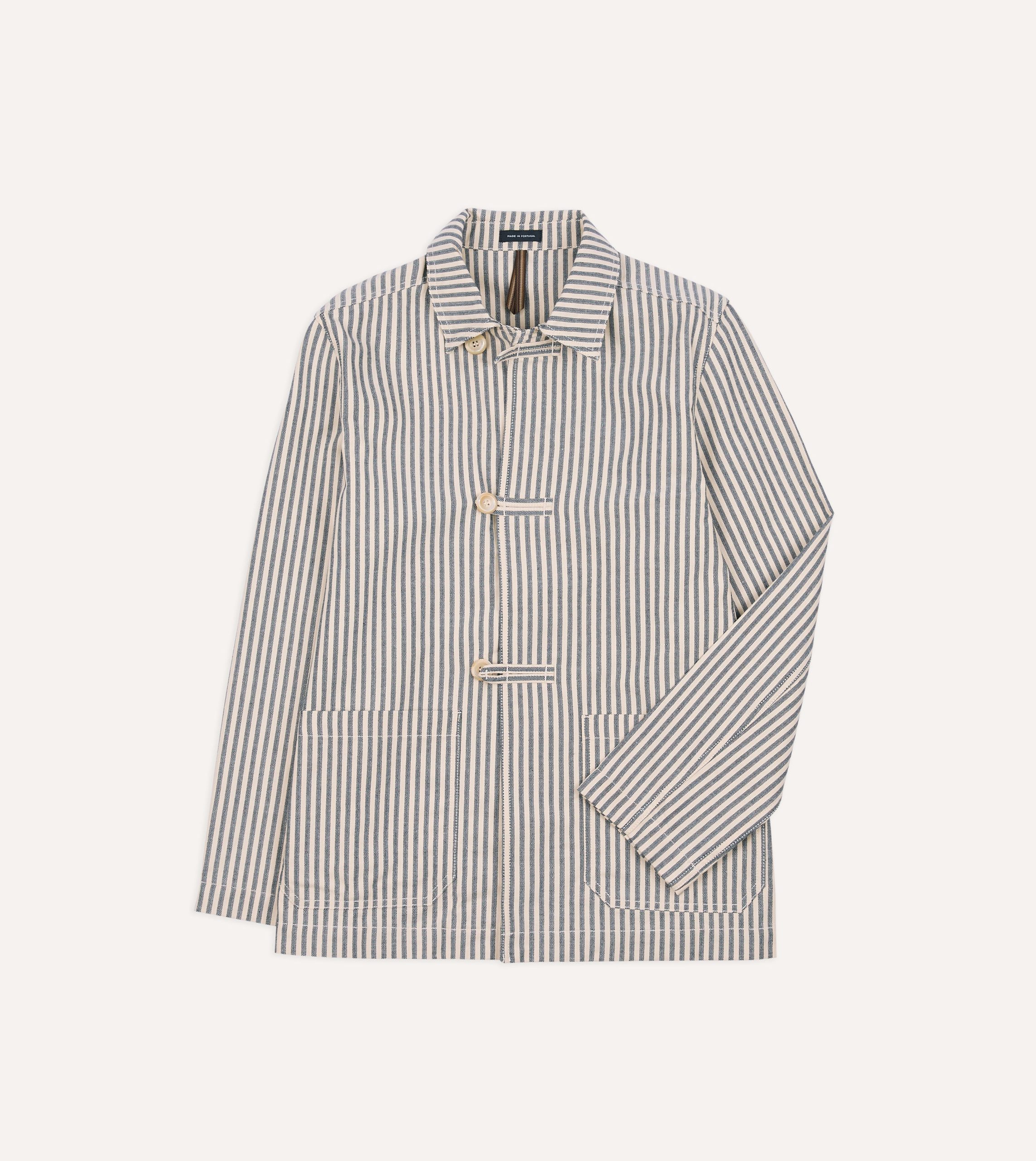 Blue and Ecru Stripe Cotton-Linen Deck Chore Jacket