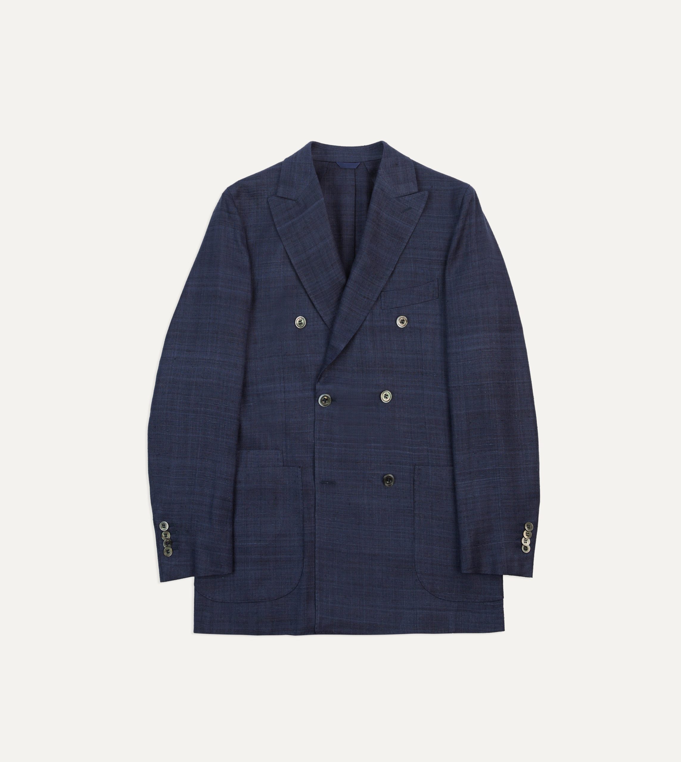 Navy Tussah Silk Double-Breasted Tailored Jacket
