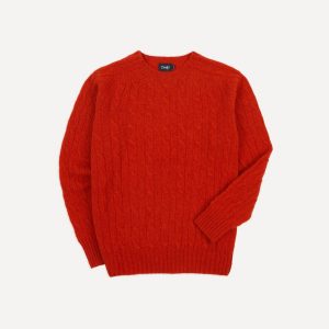 Red Brushed Cable Knit Shetland Crew Neck Jumper