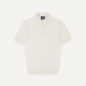 Ecru Knitted Crepe Cotton Short-Sleeve Polo Shirt