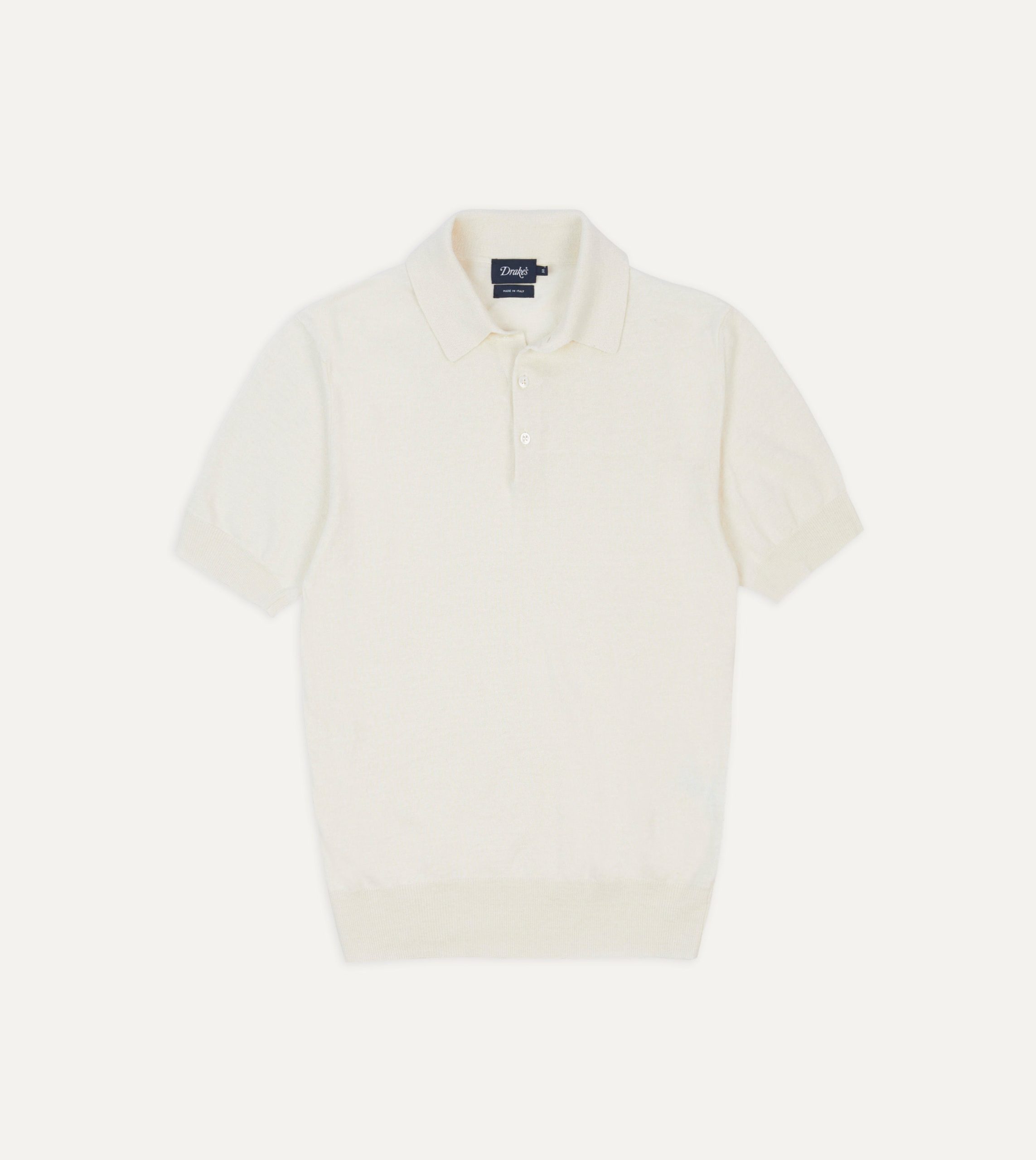 Ecru Knitted Crepe Cotton Short-Sleeve Polo Shirt
