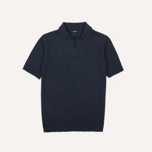 Navy Knitted Silk Short-Sleeve Polo Shirt