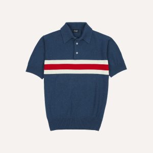 Blue Stripe Knitted Crepe Cotton Short-Sleeve Polo Shirt