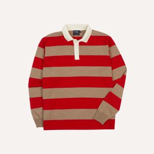 Red and Tan Block Stripe Knitted Rugby Shirt