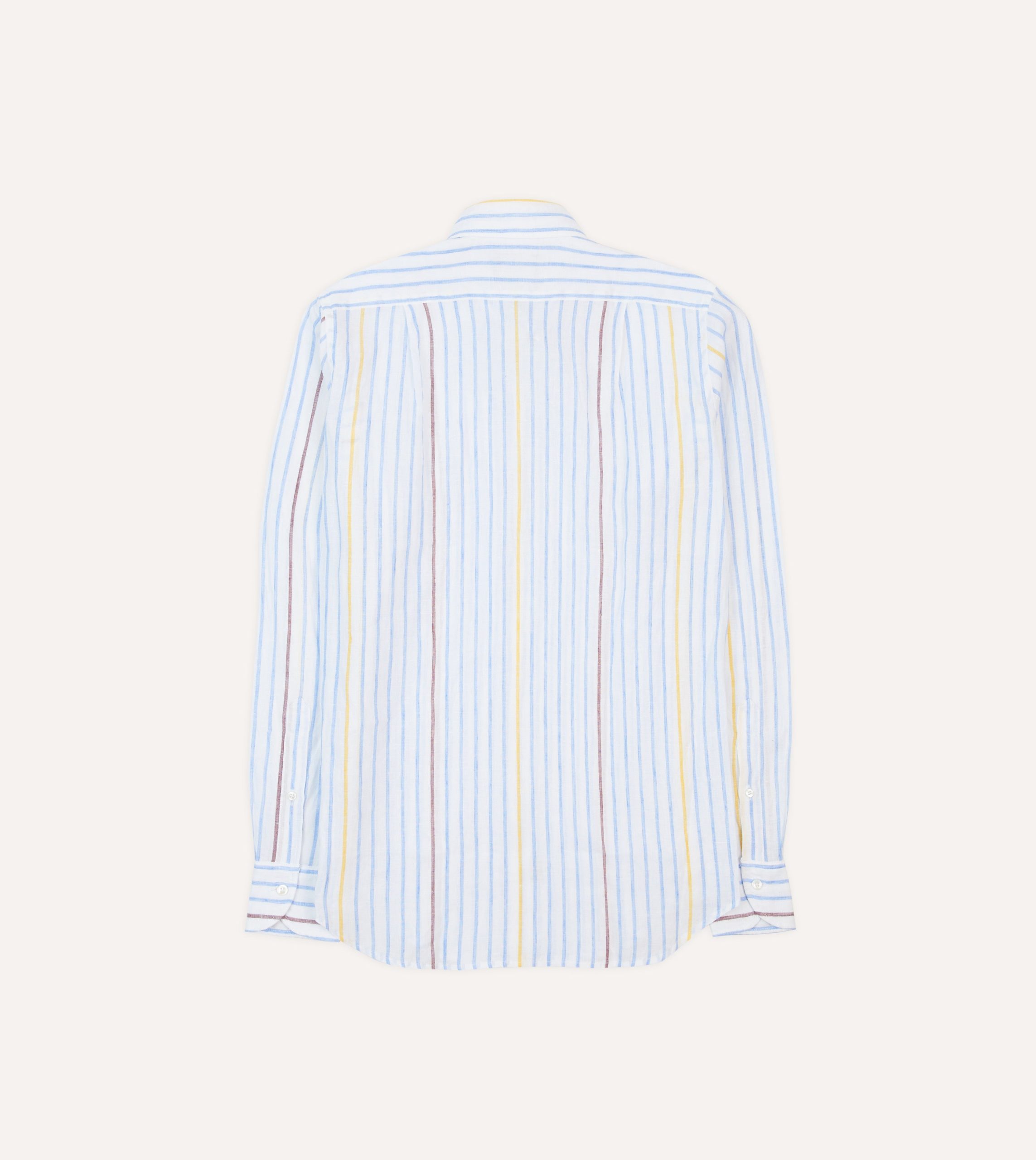 Blue. White and Yellow Stripe Linen Long Point Collar Shirt - Image 6