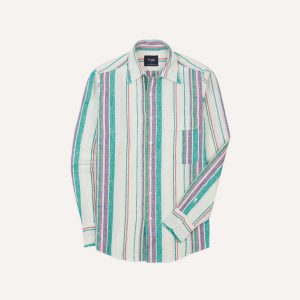 Ecru. Purple and Green Stripe Linen-Cotton Long Point Collar Shirt