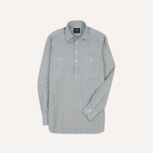 Blue Hickory Stripe Cotton Long Point Collar Popover Shirt