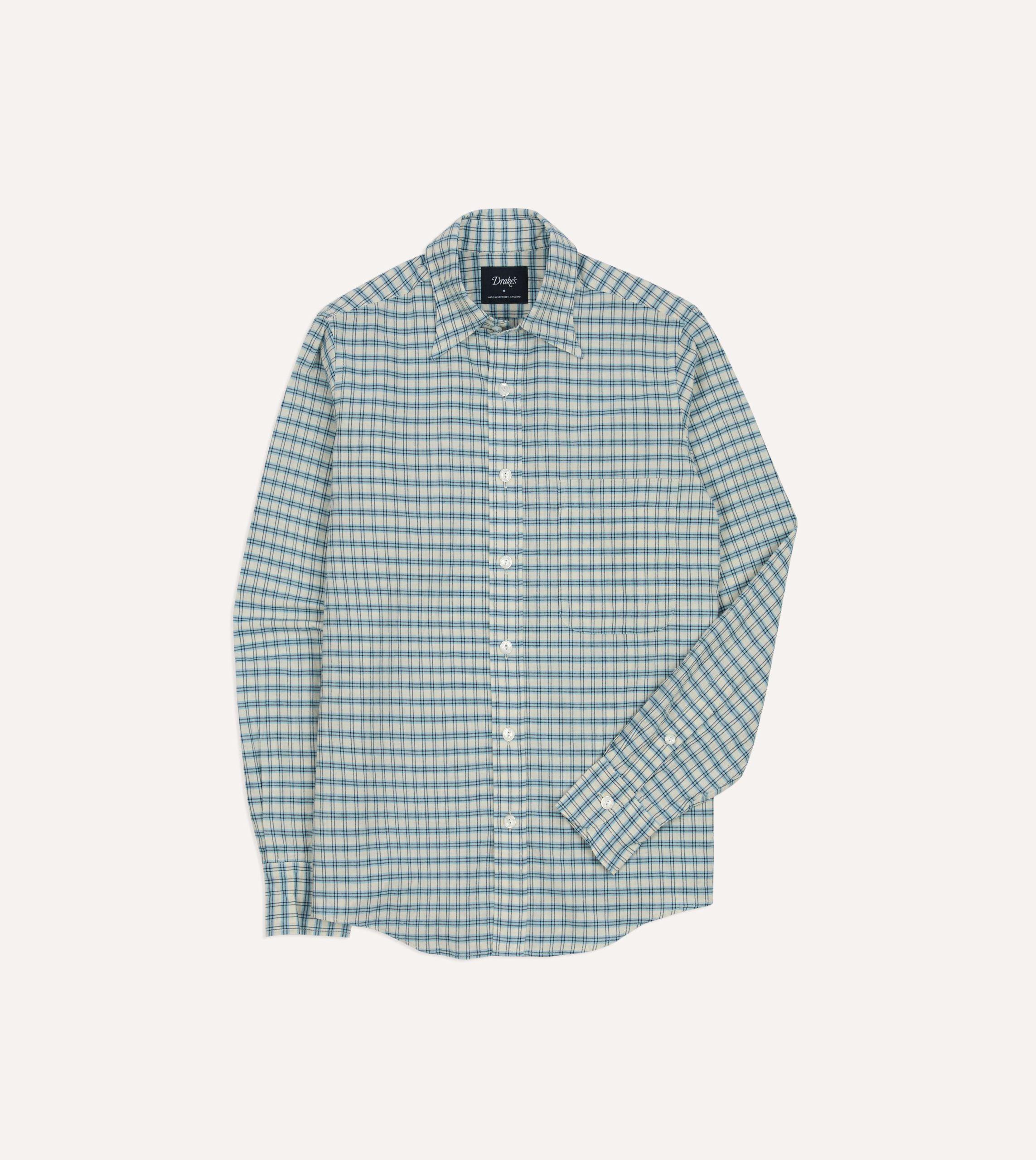 Blue and White Madras Check Cotton Long Point Collar Shirt