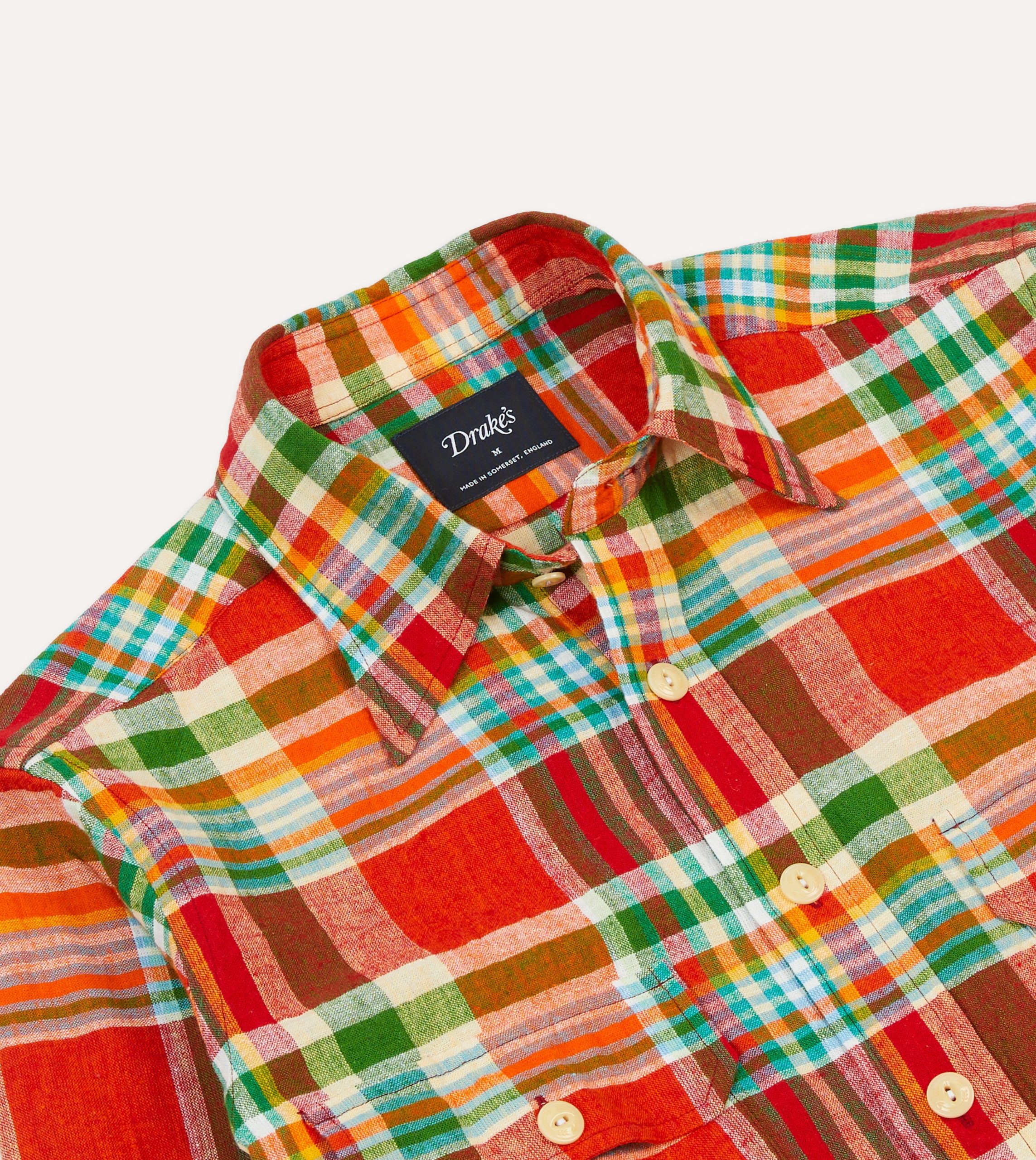 Red and Green Madras Check Cotton-Linen Two-Pocket Work Shirt - Image 3