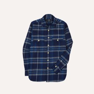 Blue Check Cotton Long Point Collar Work Shirt