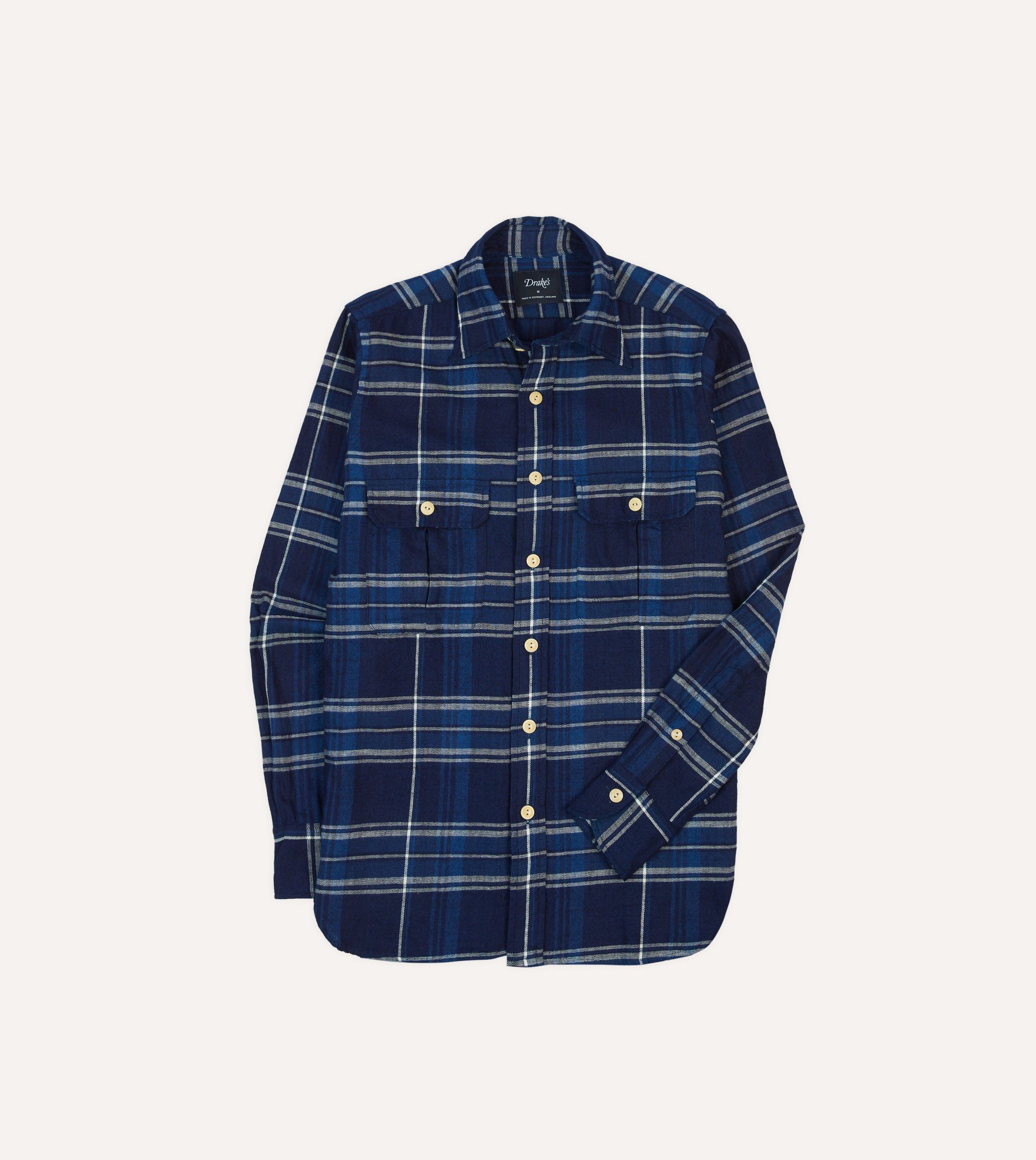 Blue Check Cotton Long Point Collar Work Shirt