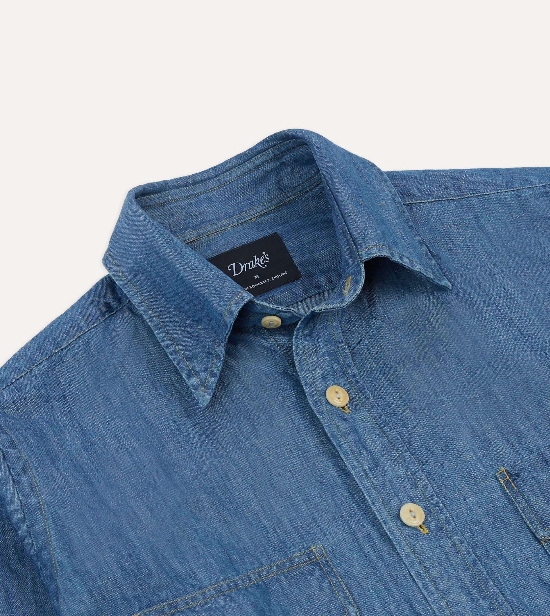 Stone Wash Cotton-Linen Long Point Collar Work Shirt - Image 3