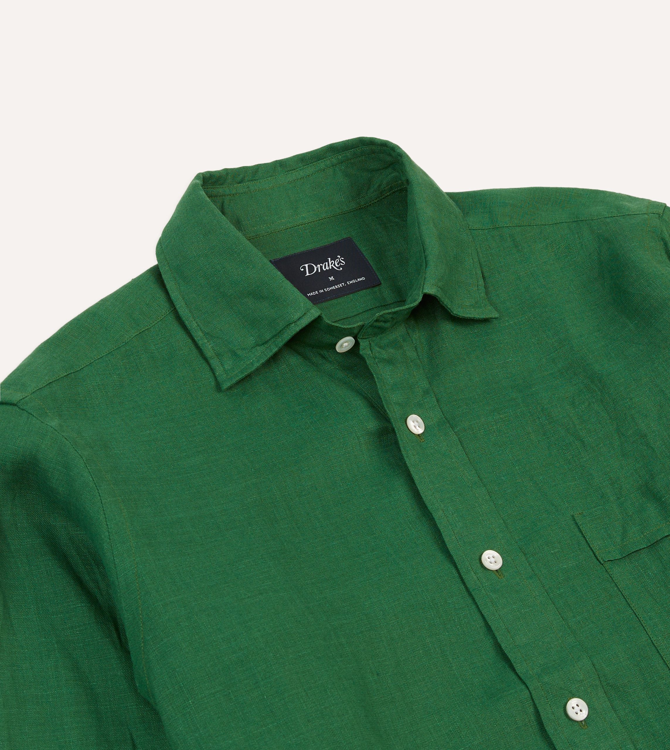 Forest Green Linen Spread Collar Shirt - Image 3