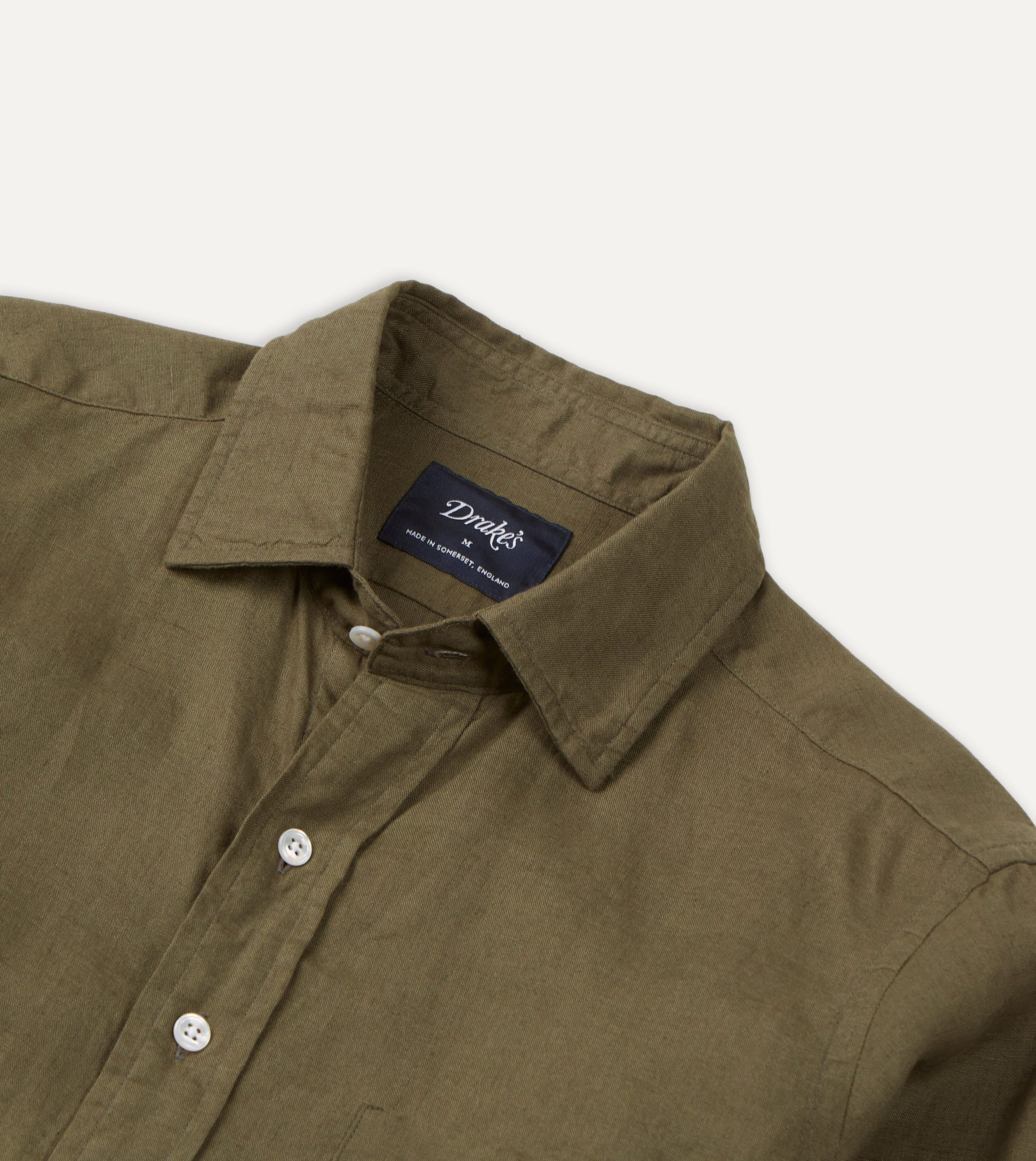 Khaki Green Linen Spread Collar Shirt - Image 4