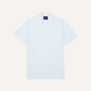 White Cotton-Linen Seersucker Camp Collar Short Sleeve Shirt