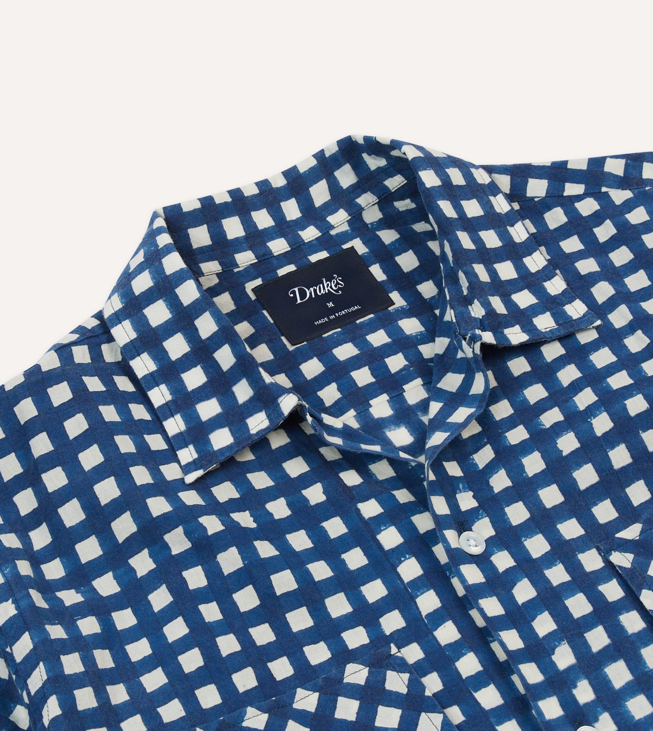 Navy Gingham Check Block Print Cotton Camp Collar Short Sleeve Shirt - Image 3
