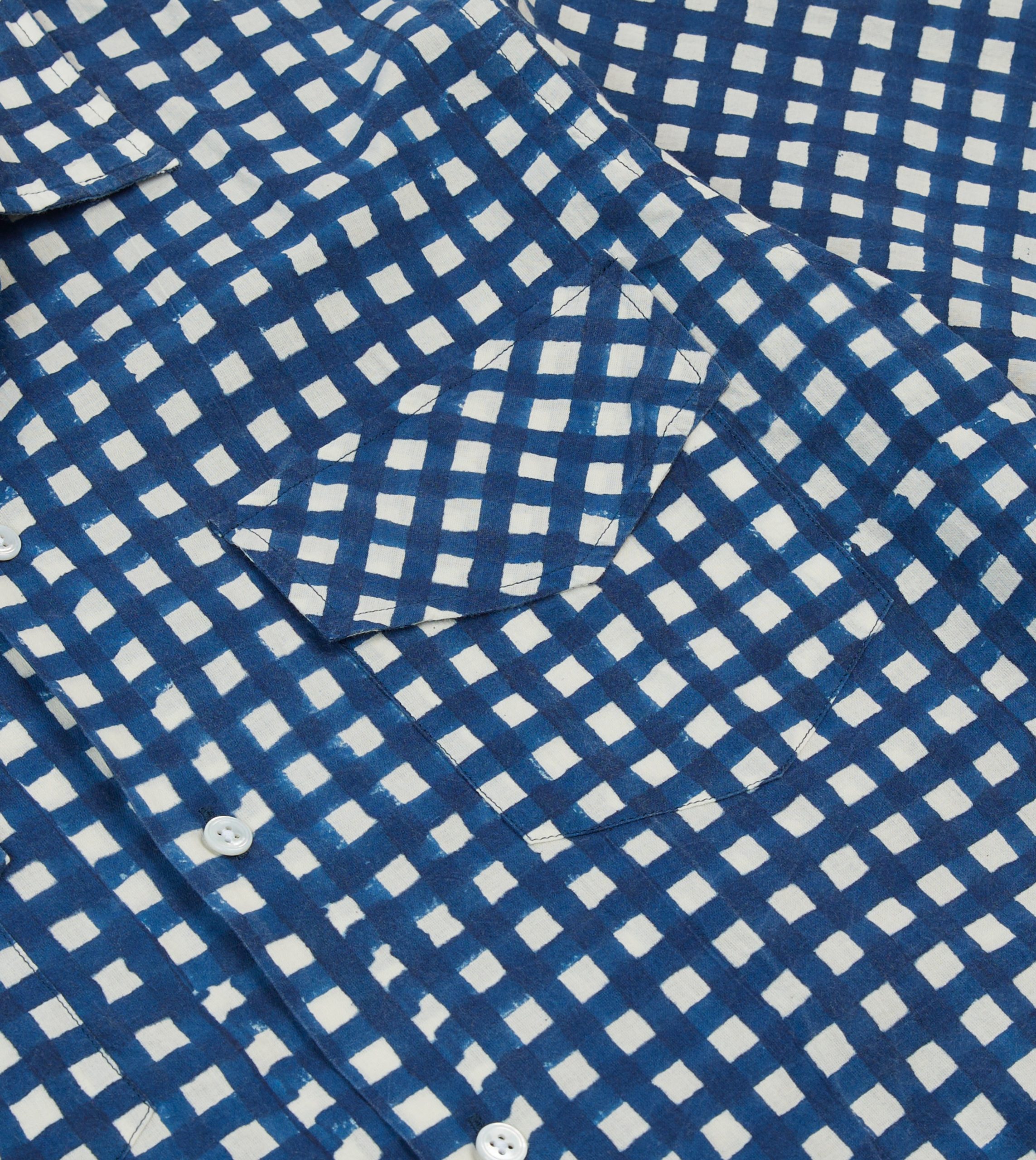 Navy Gingham Check Block Print Cotton Camp Collar Short Sleeve Shirt - Image 4