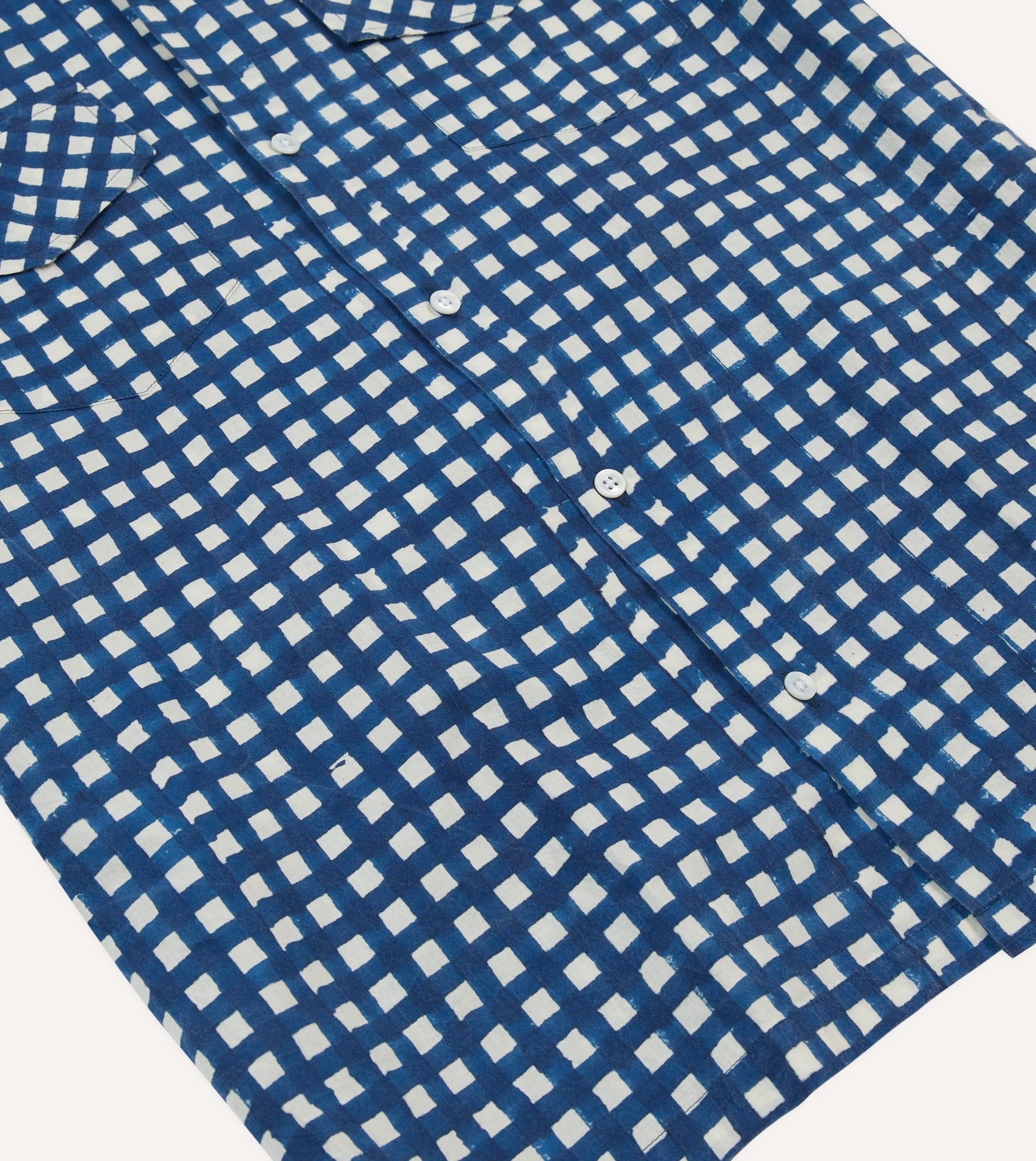 Navy Gingham Check Block Print Cotton Camp Collar Short Sleeve Shirt - Image 5