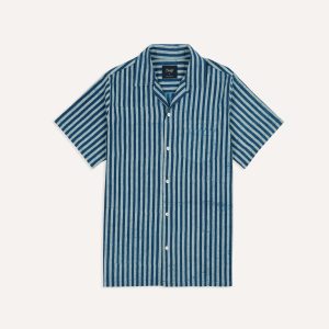 Indigo Stripe Block Print Cotton Camp Collar Short Sleeve Shirt