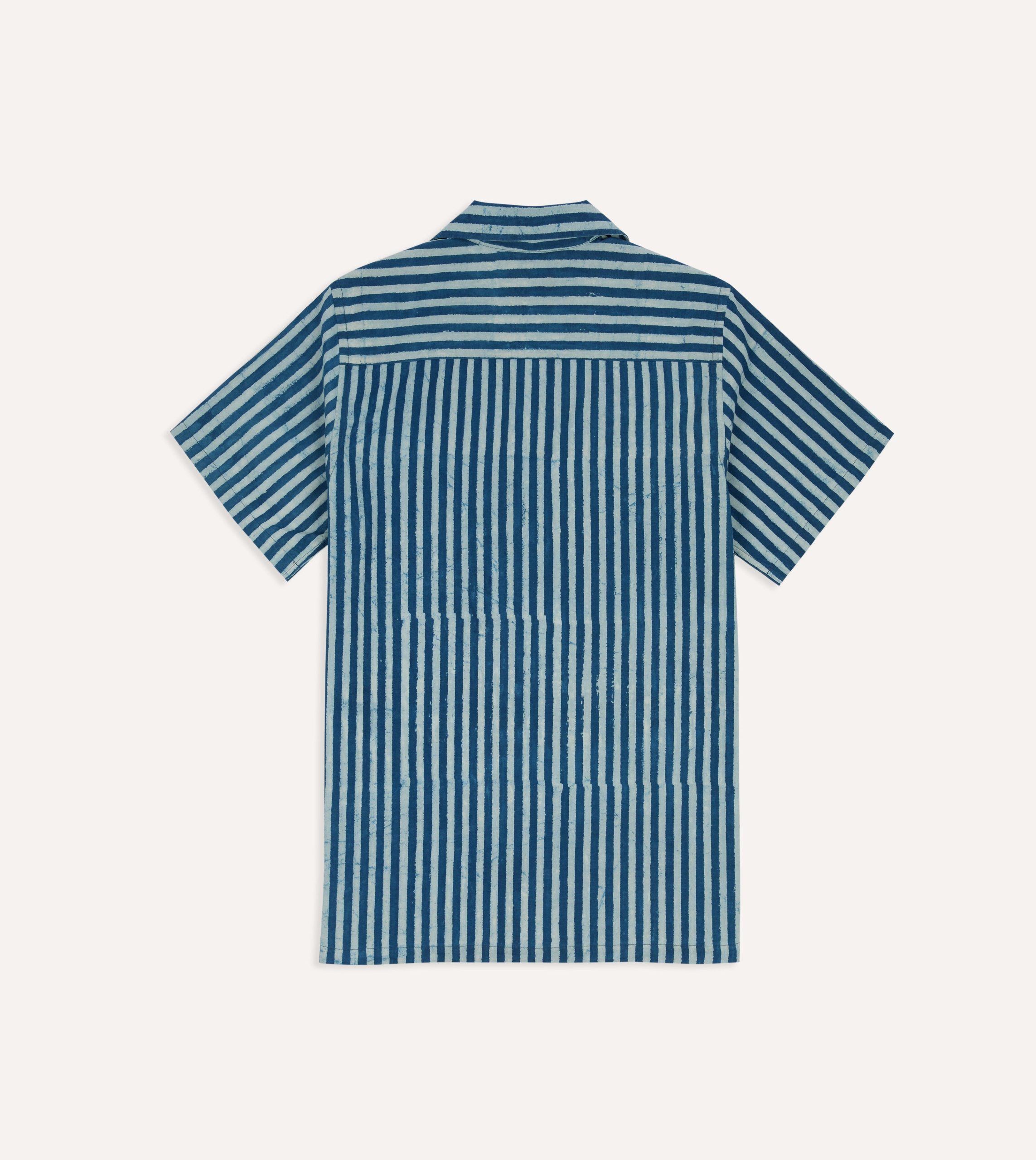 Indigo Stripe Block Print Cotton Camp Collar Short Sleeve Shirt - Image 5