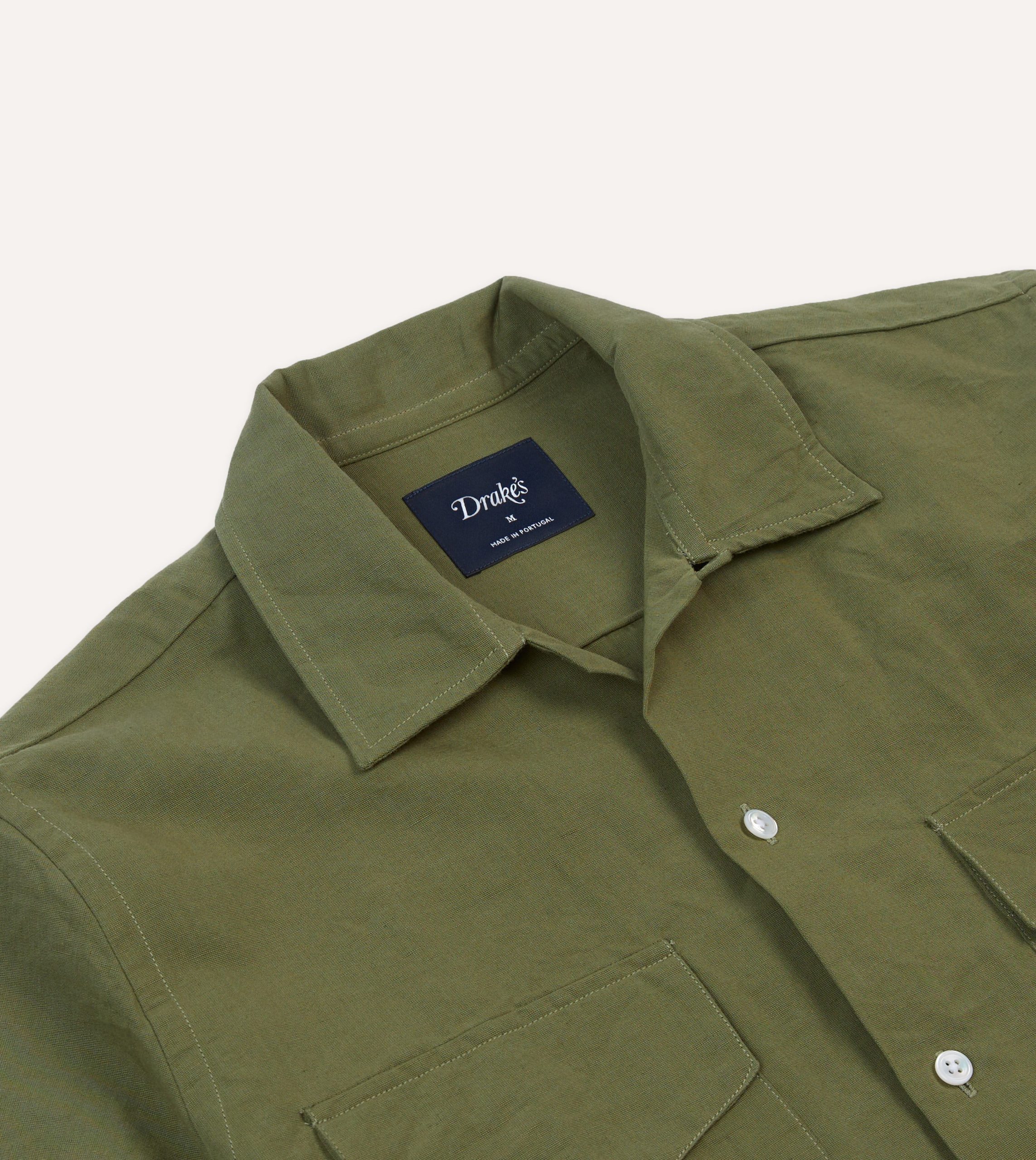 Olive Cotton-Linen Camp Collar Three Pocket Short Sleeve Shirt - Image 3