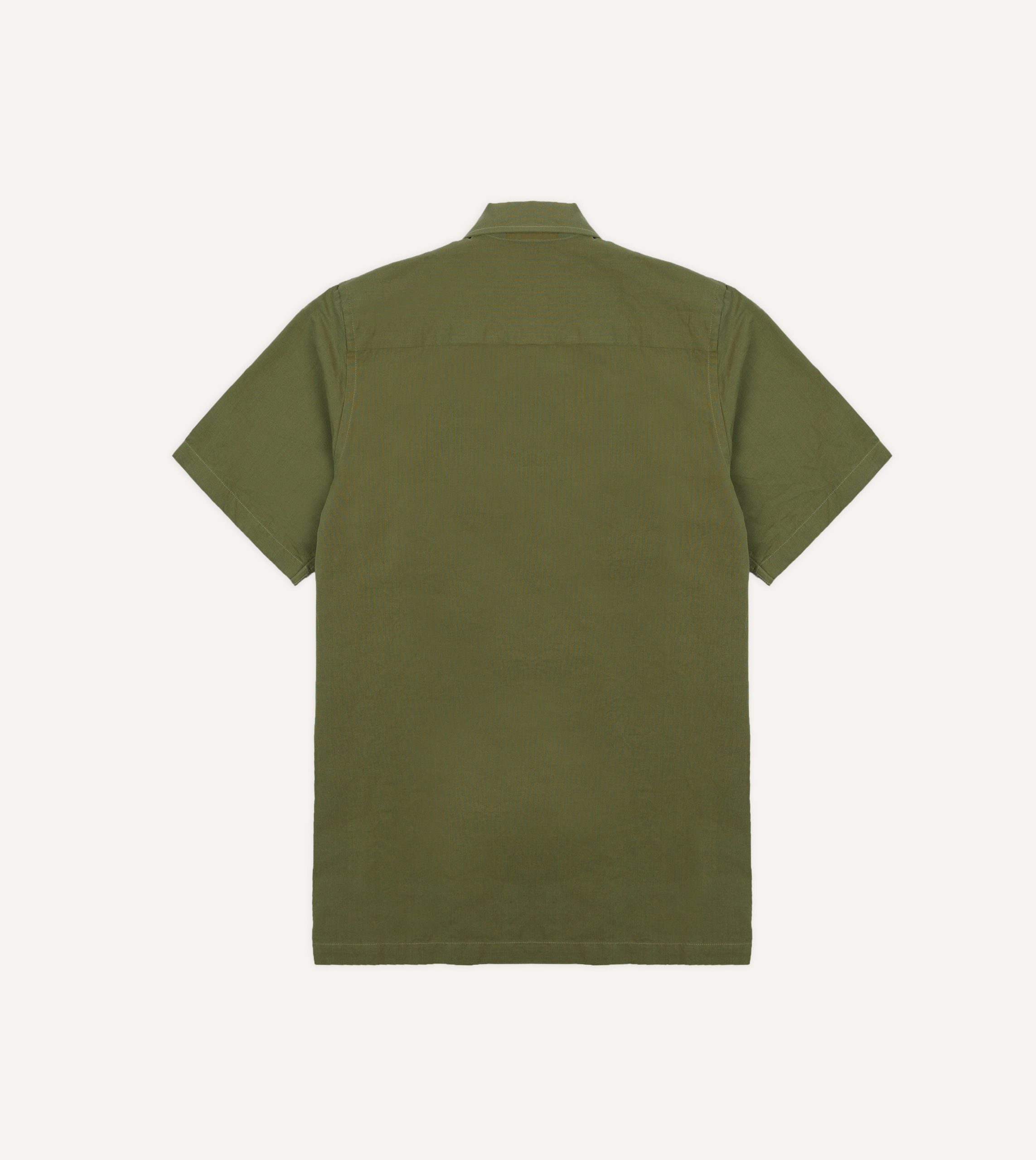 Olive Cotton-Linen Camp Collar Three Pocket Short Sleeve Shirt - Image 6