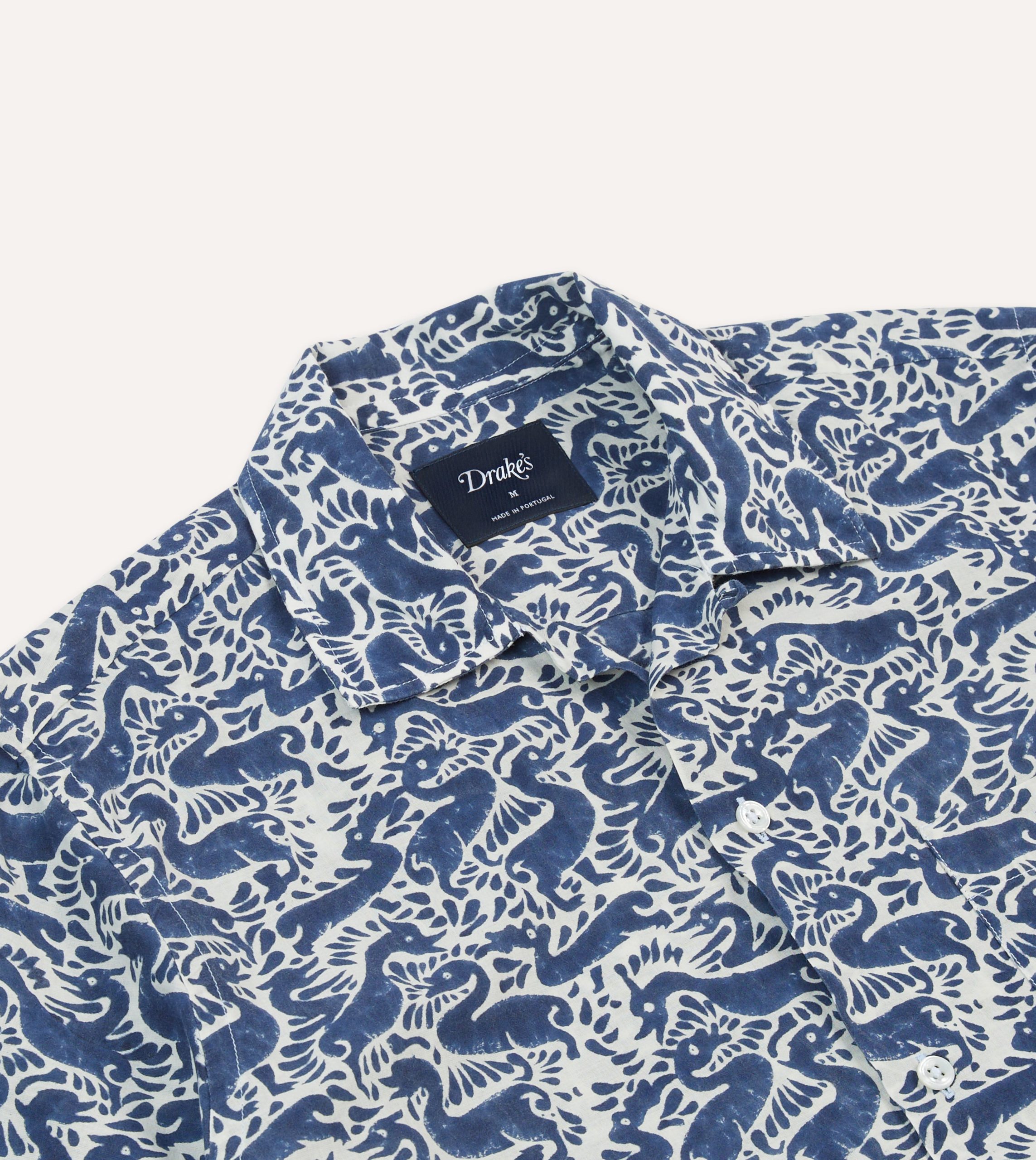 Navy Duck Block Print Cotton Camp Collar Short Sleeve Shirt - Image 3