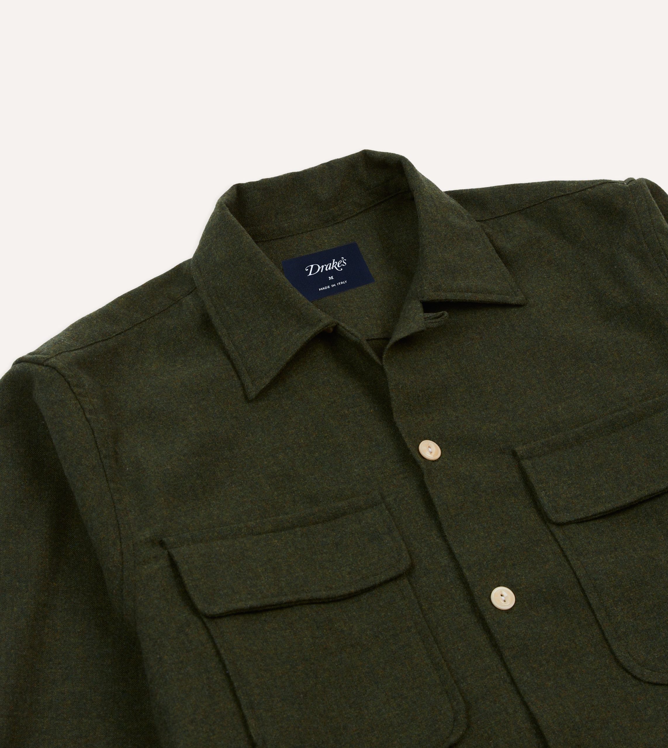 Dark Green Wool Two-Pocket Camp Collar Work Shirt - Image 3