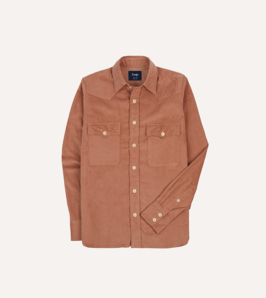 Washed Red Corduroy Two-Pocket Western Shirt