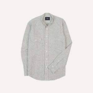 Ecru Check Linen-Cotton Mandarin Collar Shirt