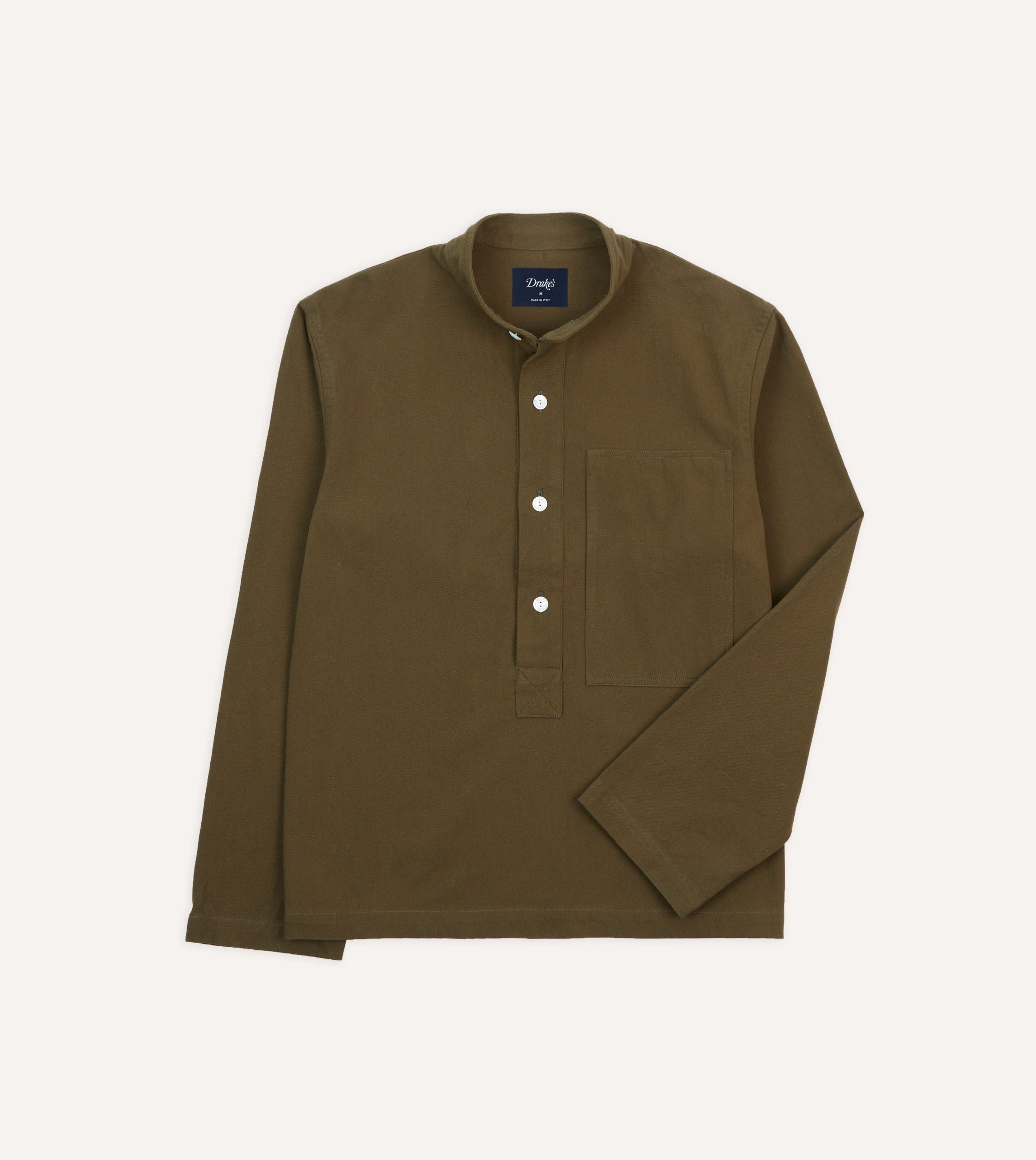 Brown Cotton Mandarin Collar Popover Shirt