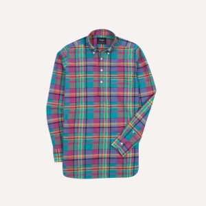 Pink and Blue Madras Check Cotton Button-Down Popover Shirt