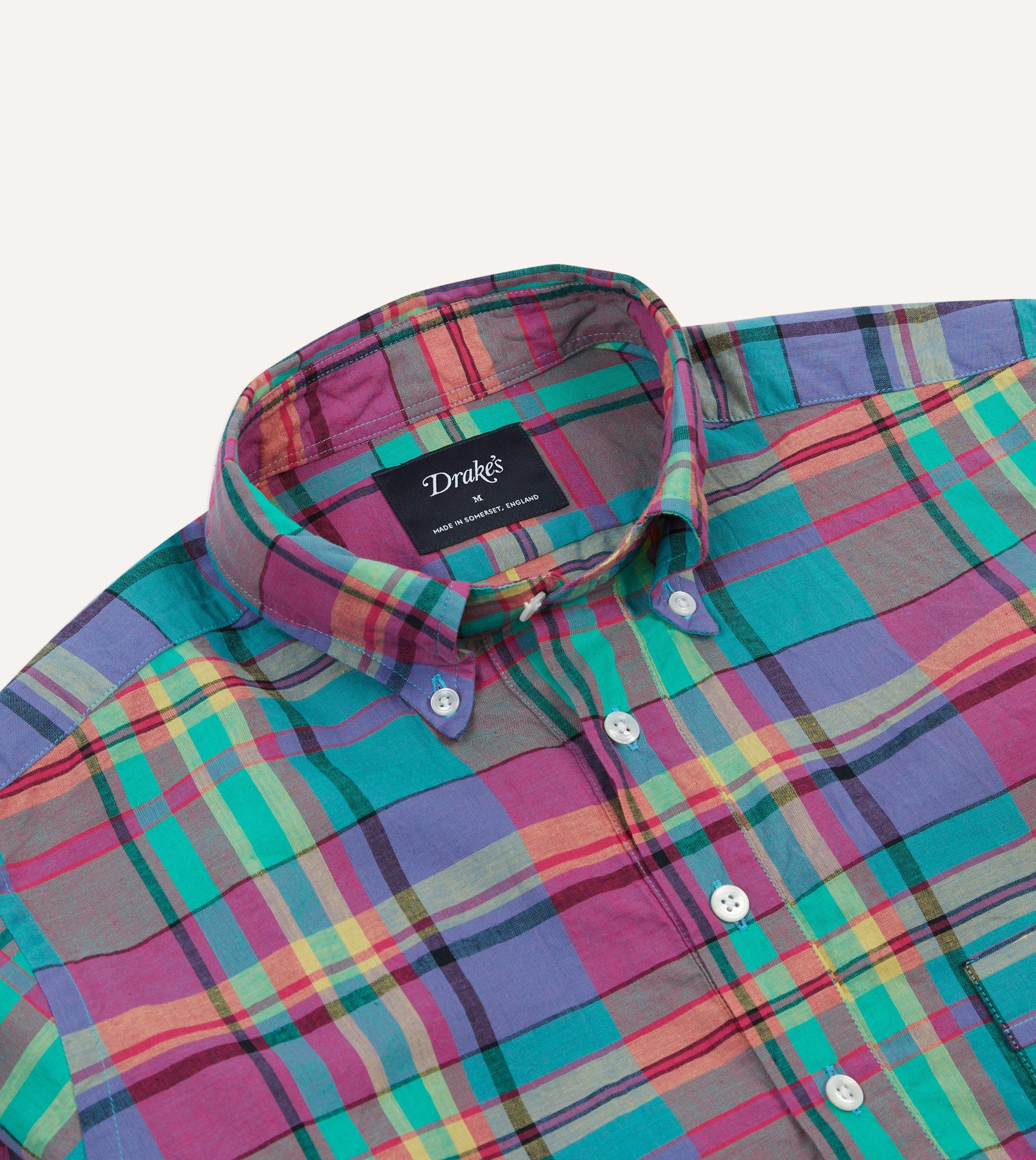 Pink and Blue Madras Check Cotton Button-Down Popover Shirt - Image 3