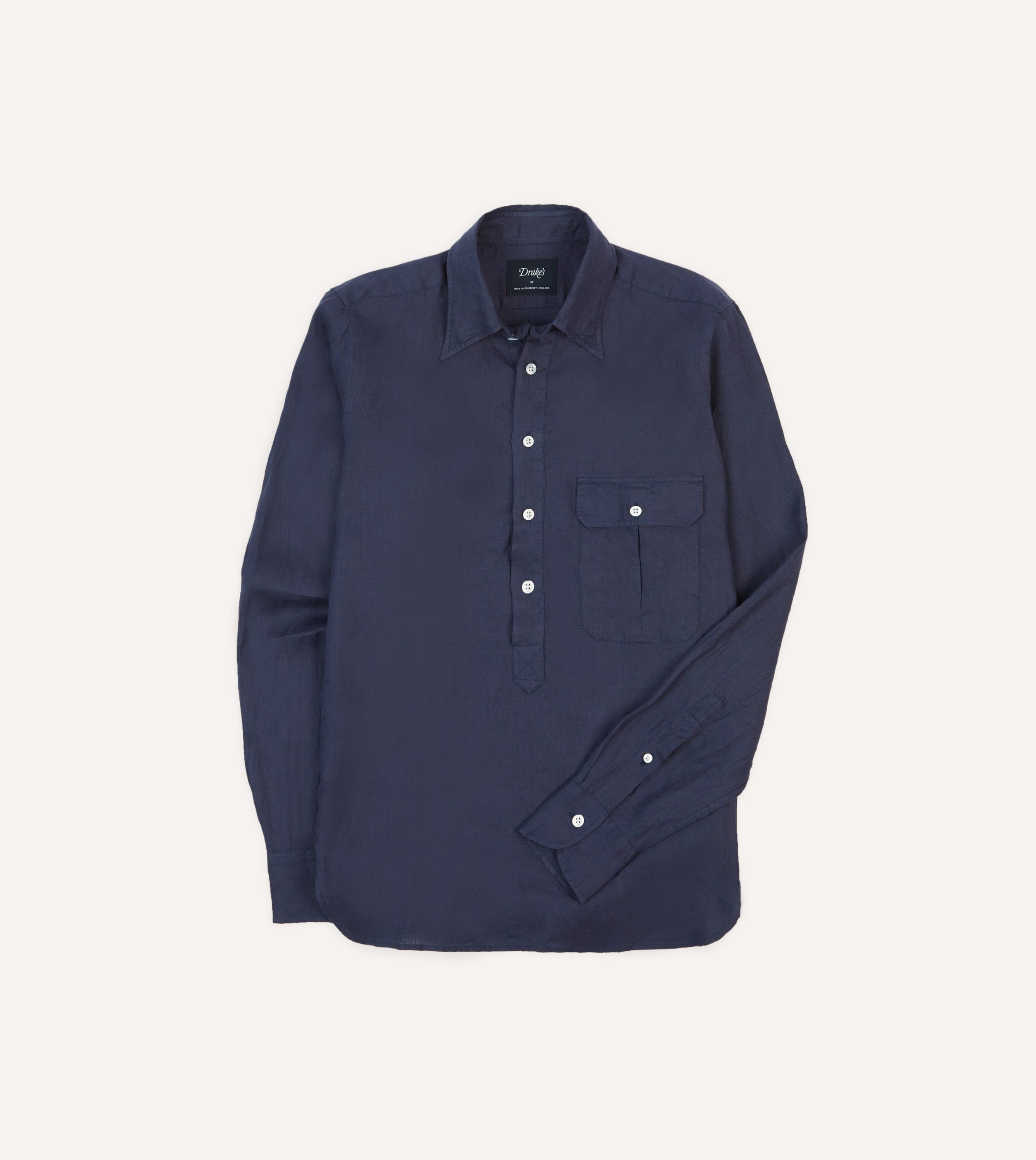 Navy Linen Long Point Collar Popover Shirt