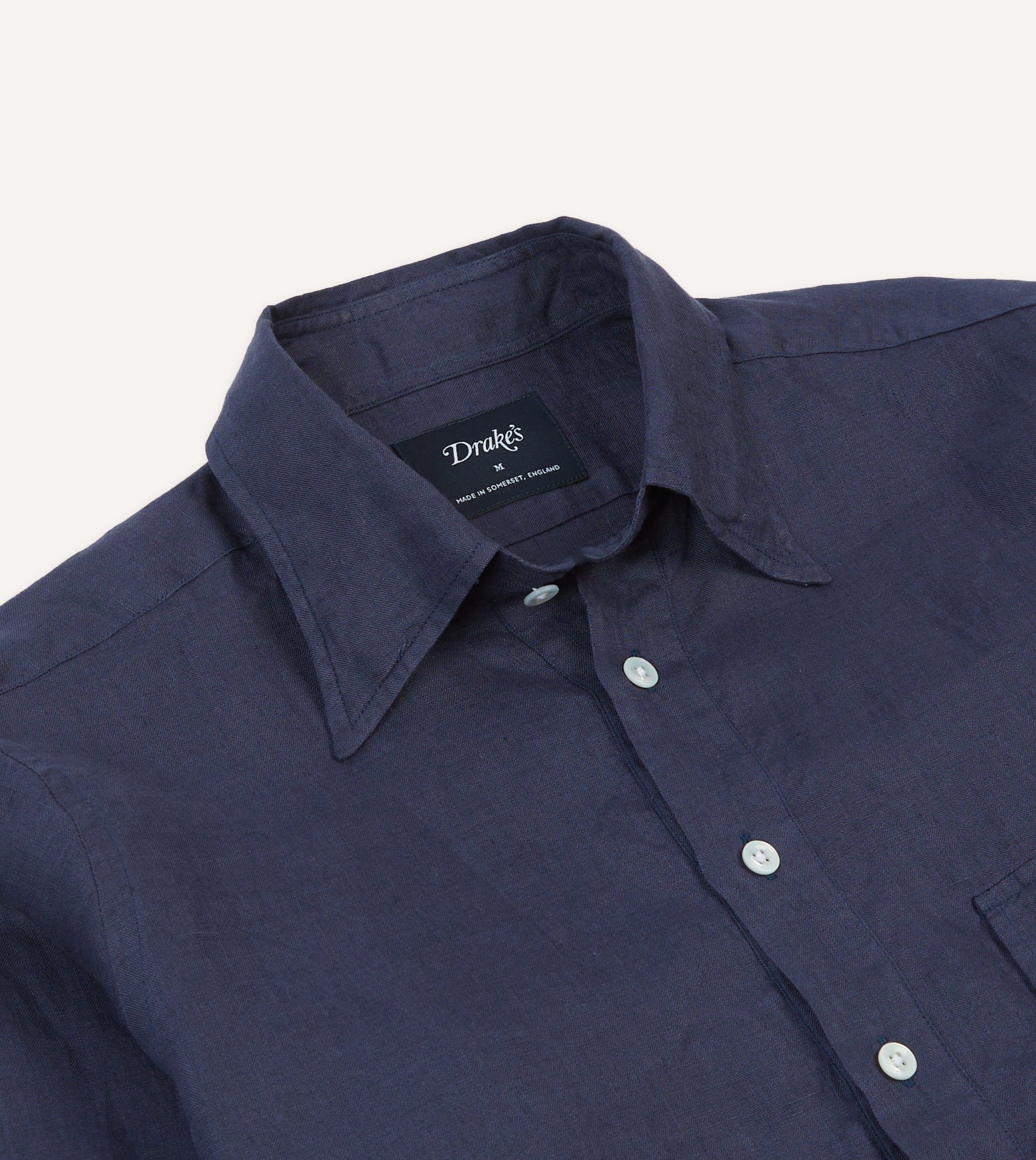 Navy Linen Long Point Collar Popover Shirt - Image 4